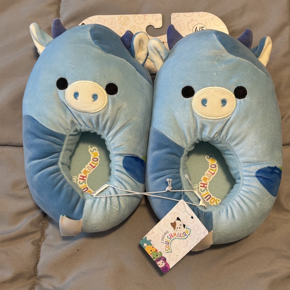 NWT Original Squishmallows Plush Slippers Rutanya The Blue Cow Size 4/5
